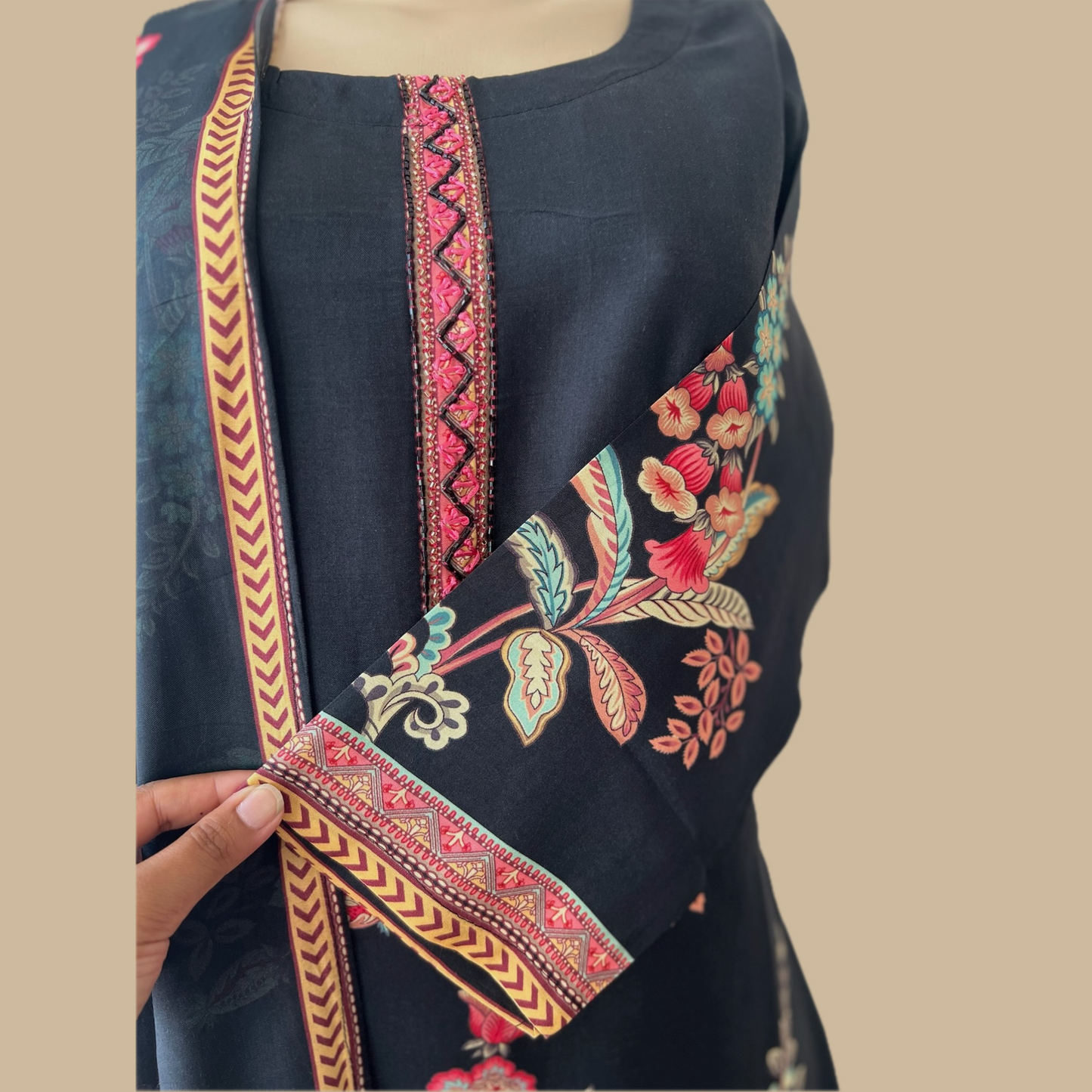 Elegant Cotton Silk Floral Print 3-Piece Suit in Black