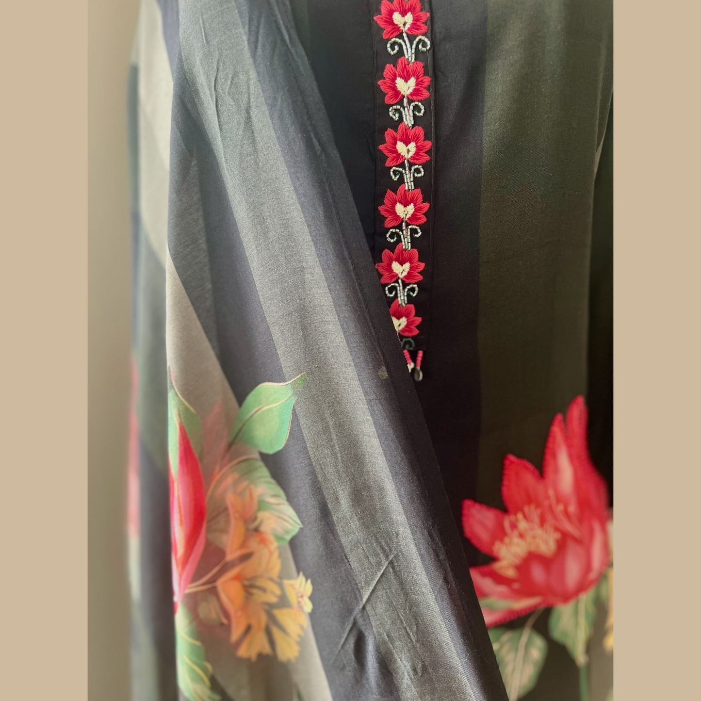 Rayon Silk Blend 3-Piece Suit in Black with Floral Motif and Bead Detailing