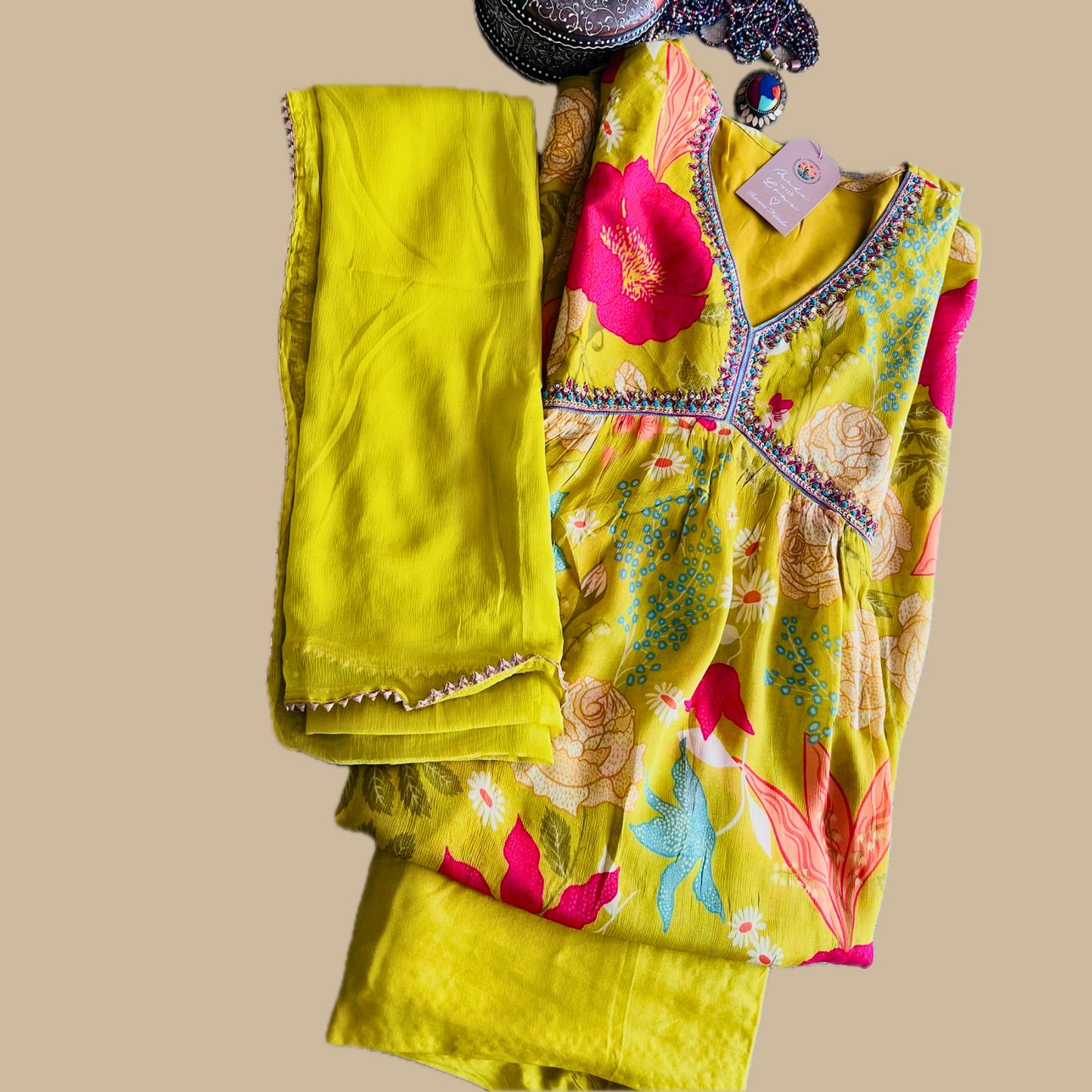 Fluorescent Green Georgette 3-Piece Nyra Cut Set with High Slit