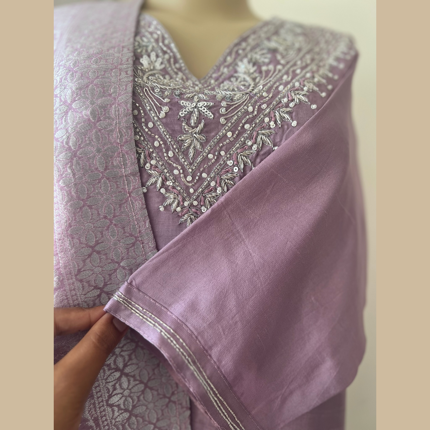 Chinon Silk 3-Piece Suit in Lilac with Silver Embellishments and Silver Weaved Dupatta - Festive Wear