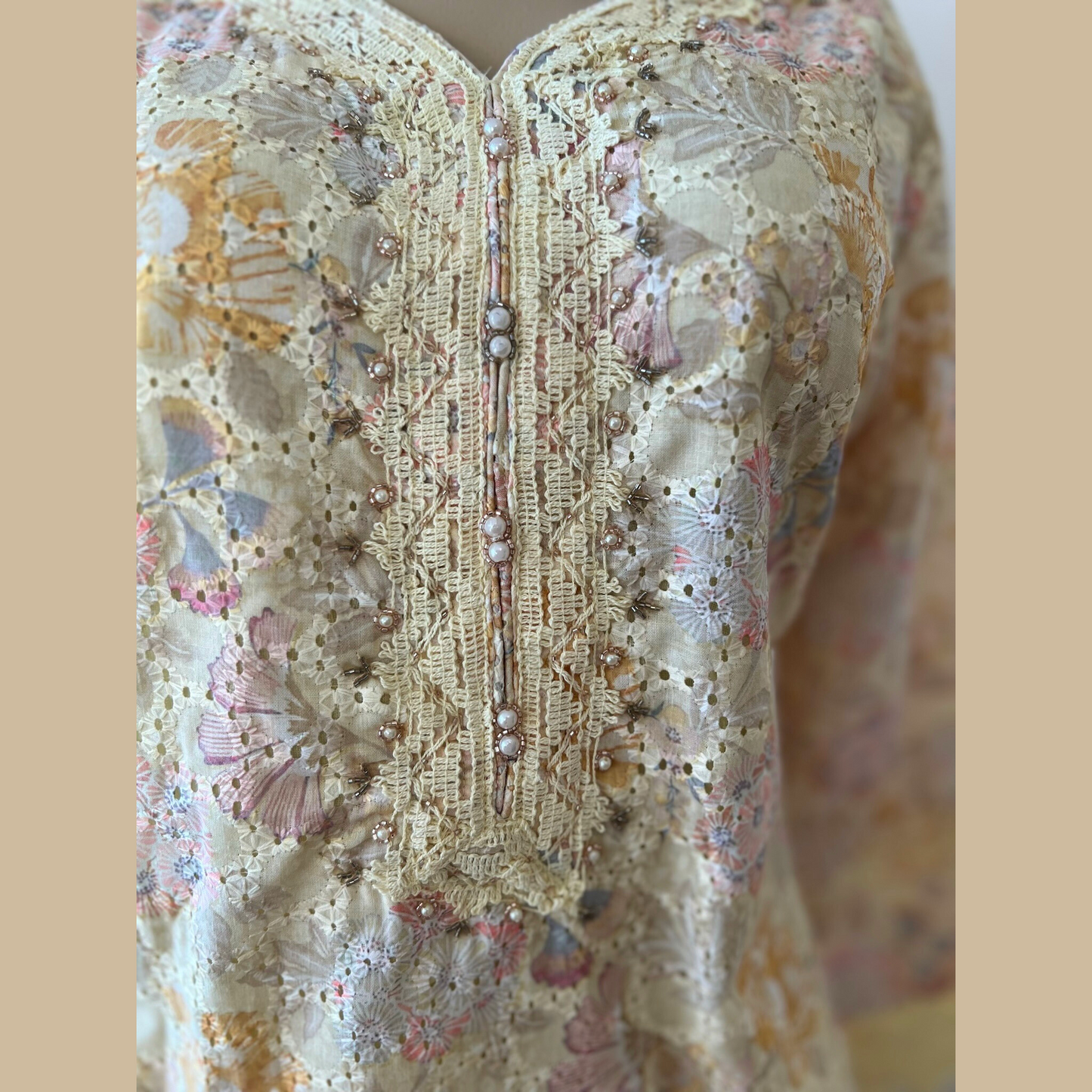 Cotton 3-Piece Suit in Lemon Yellow with Intricate Lace Work