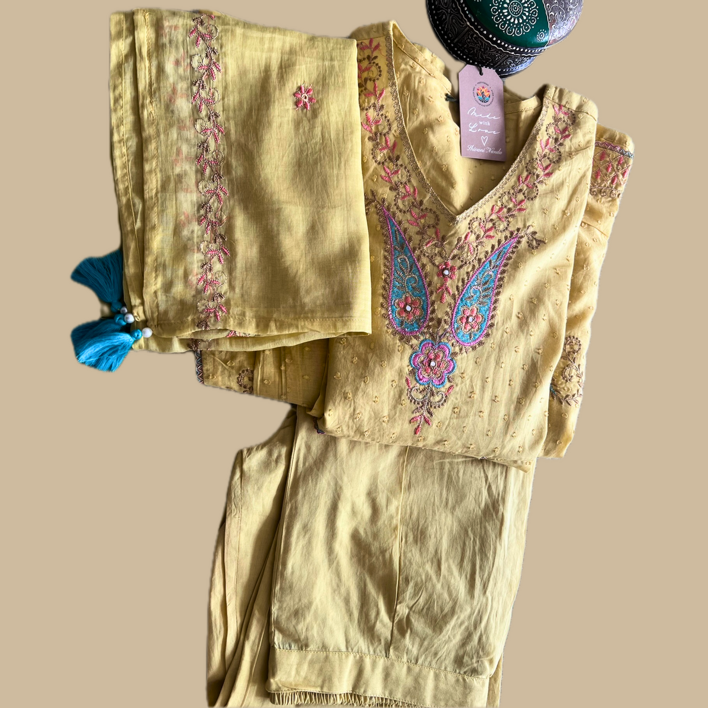 Yellow Anarkali 3-Piece Suit with Ethnic Thread Embroidery and Mul Dupatta