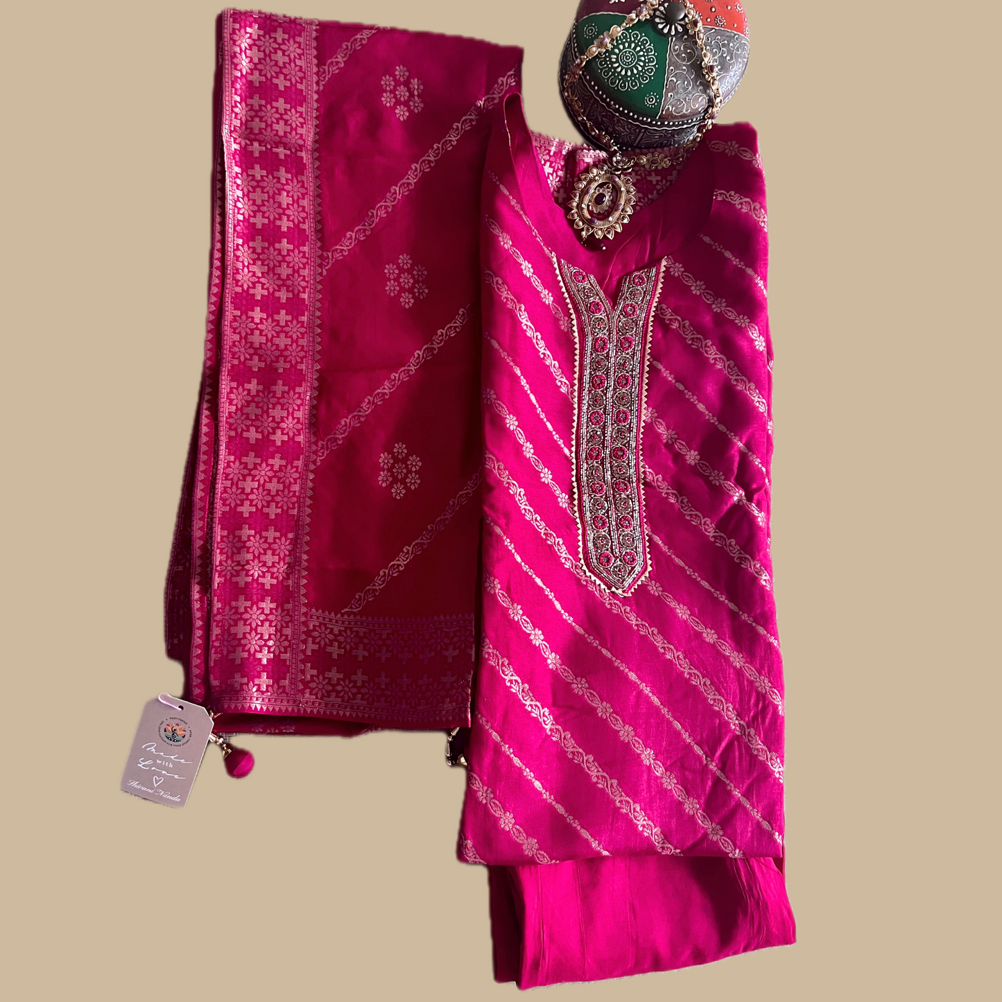 Festive Red Silk Blend 3-Piece Suit with Gold Thread Weave and Brocade Border Dupatta