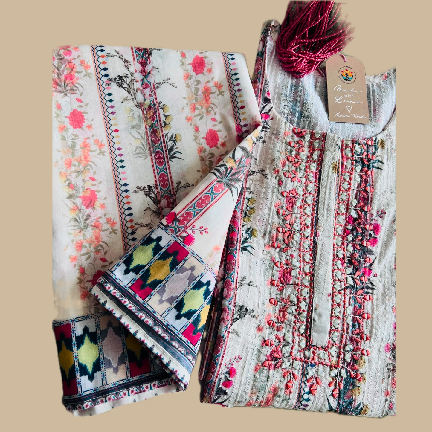Off-White Cotton 3-Piece Kurta Set with Ikkat Style Dupatta