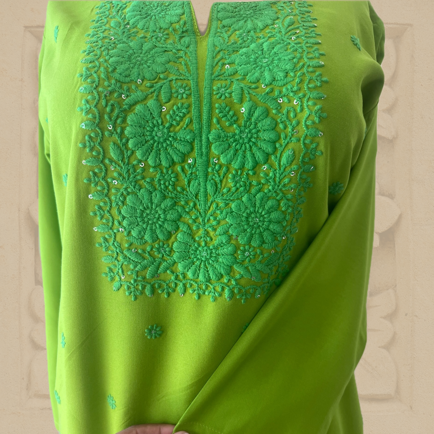Premium Rayon Hand Embroidered Chikankari Tunic with Minimal Sequin Work in Green