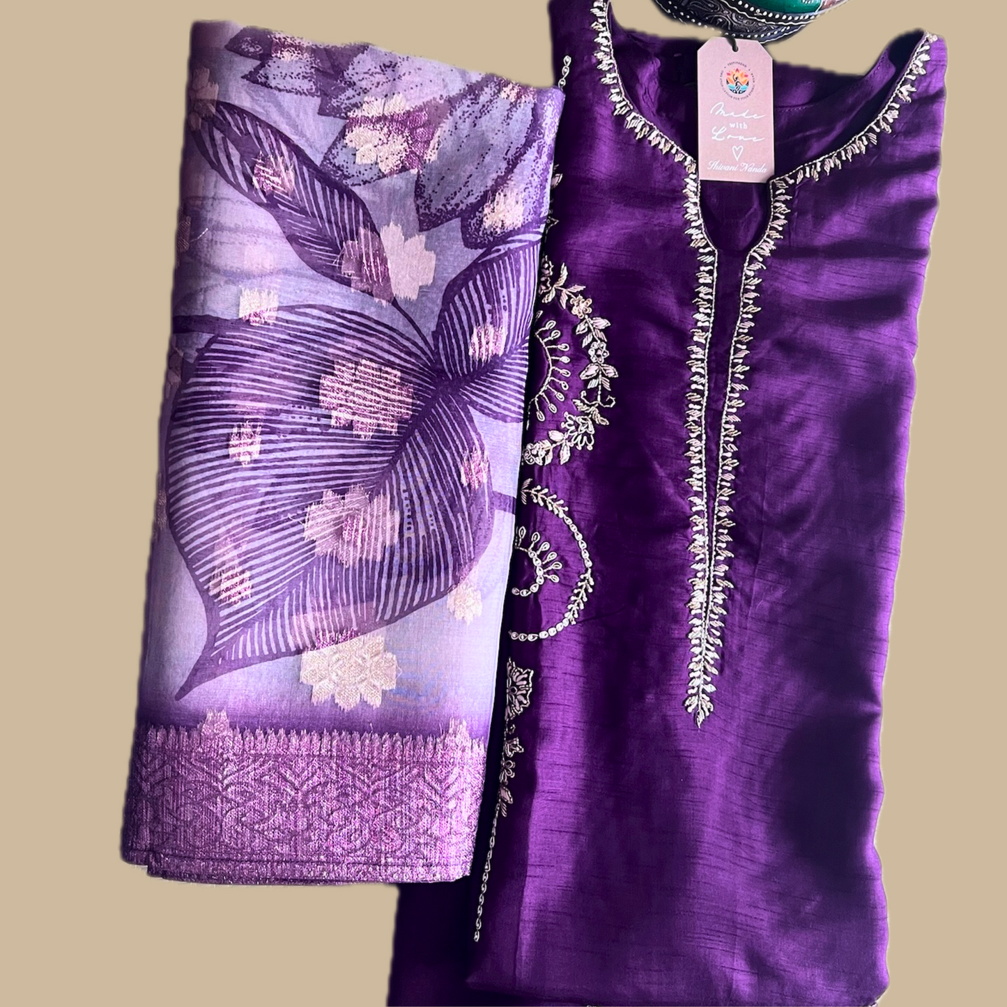 Silk Blend 3-Piece Suit in Purple with Gold Tone Embroidery and Floral Tissue Dupatta