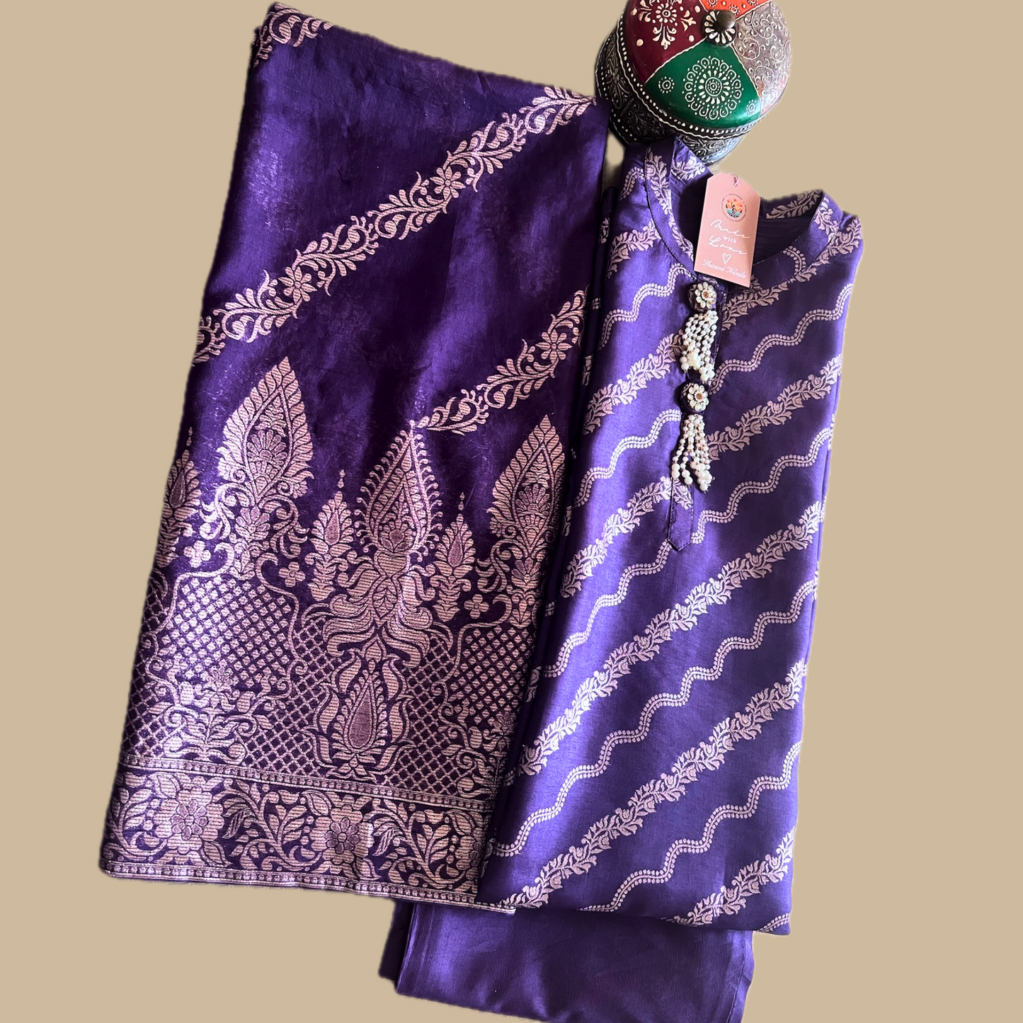 Cotton Silk Blend 3-Piece Suit in Purple with Gold Tone Weave