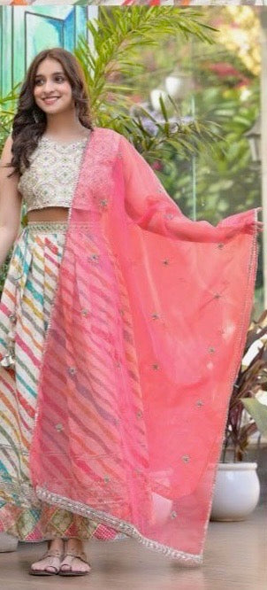 Light Lehenga Set with Sleeveless Sequinned Choli and Net Dupatta Lined with Gota