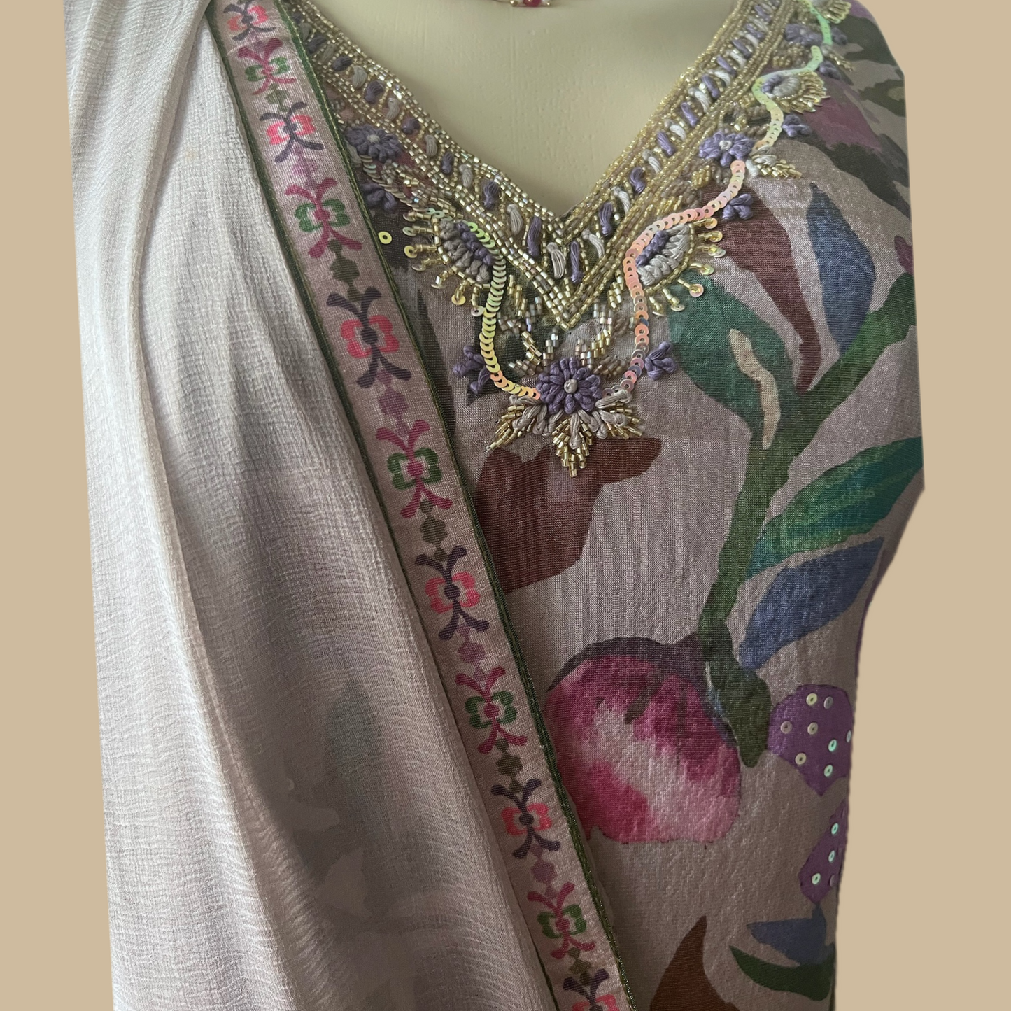 Crepe with Embroidery 3 Piece in Subtle Golden
