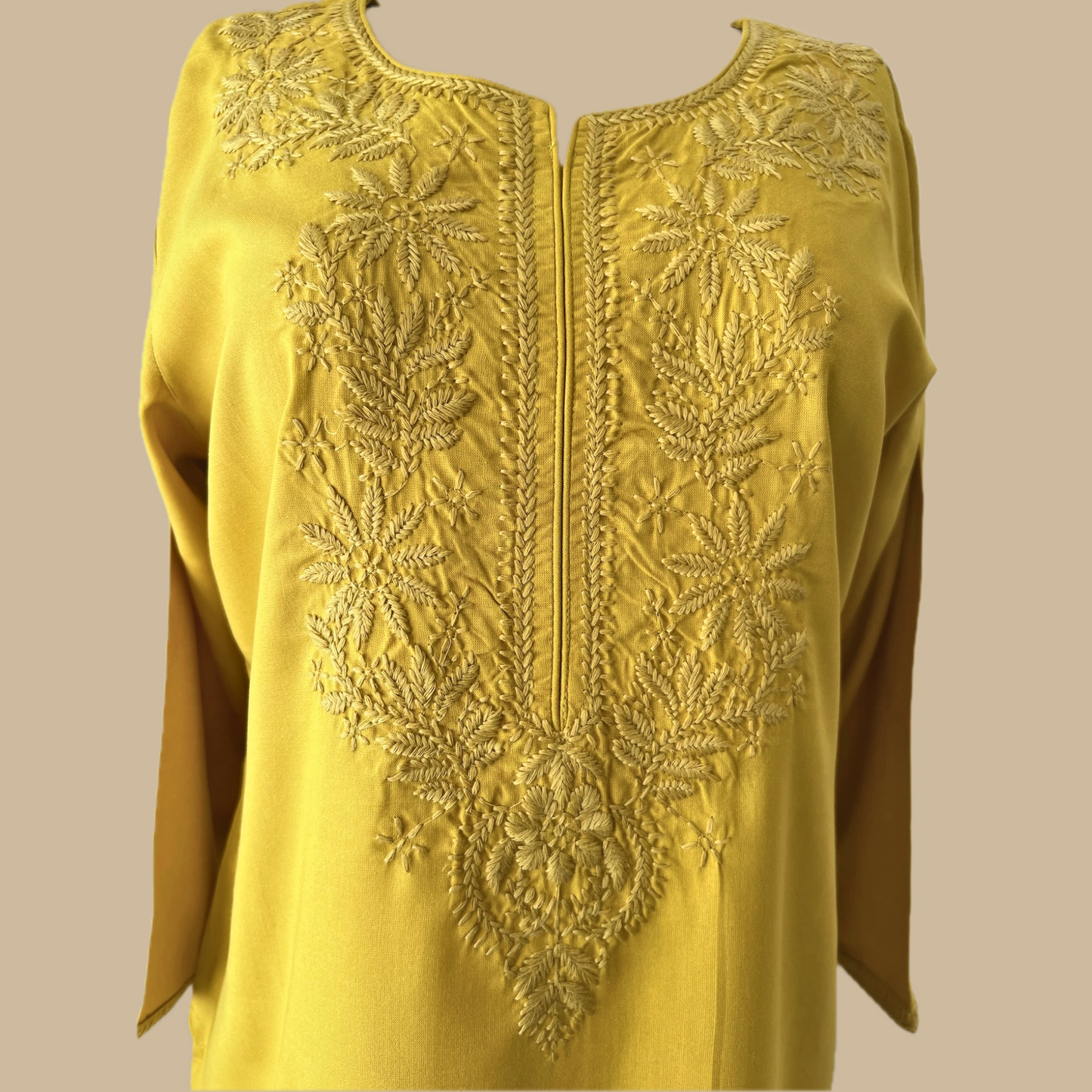 Yellow Chikankari Rayon Tunic with Embroidered Neck Yoke and Lower Panel Motif