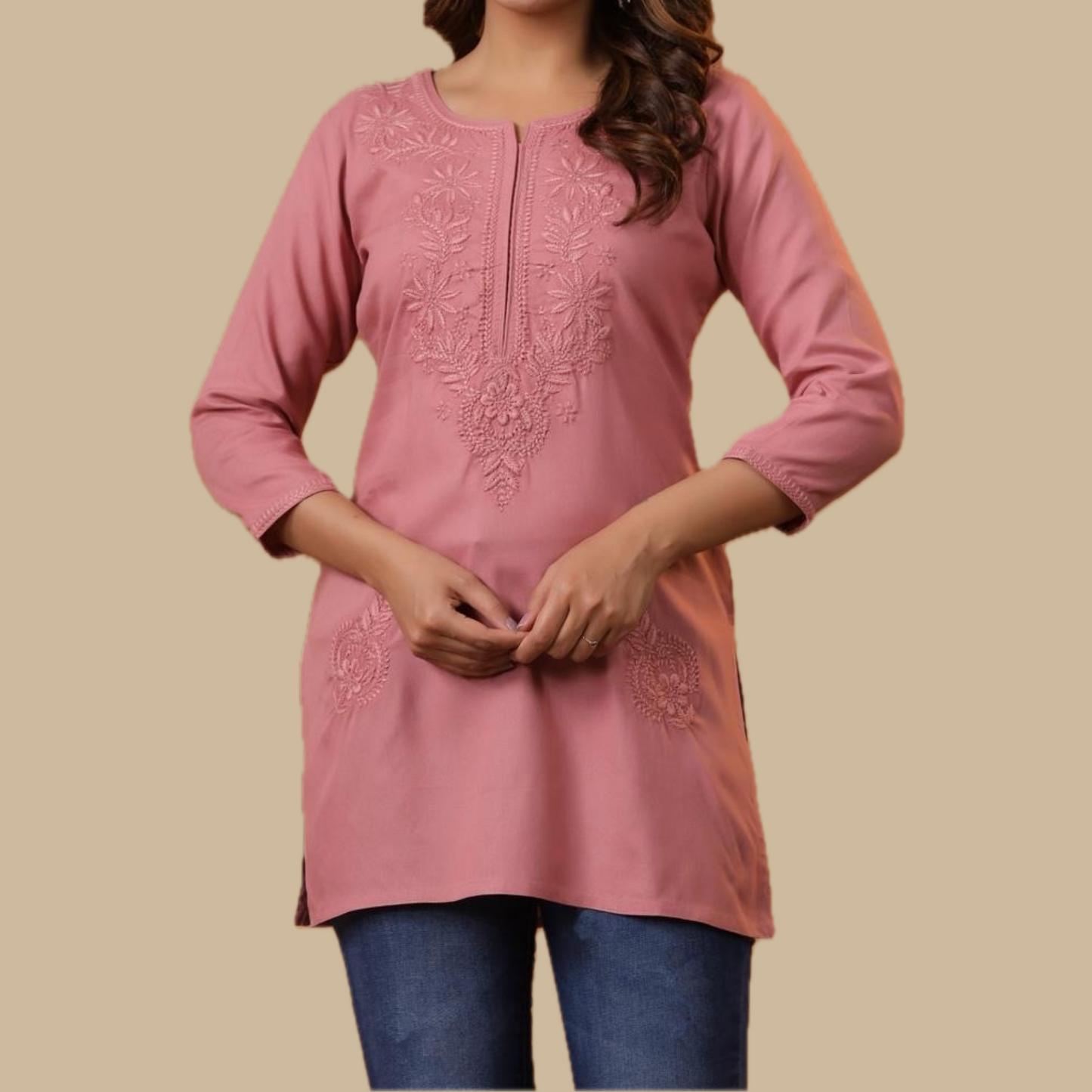 Pink Chikankari Rayon Tunic with Embroidered Neck Yoke and Lower Panel Motif