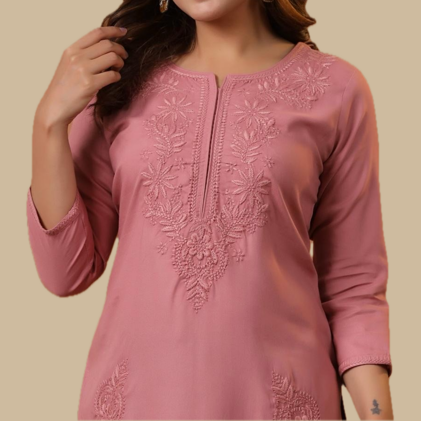Pink Chikankari Rayon Tunic with Embroidered Neck Yoke and Lower Panel Motif