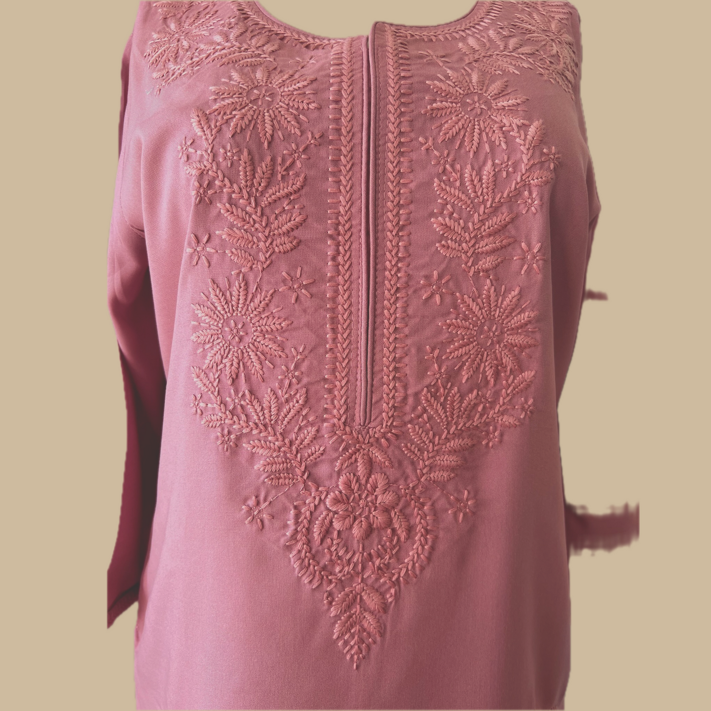 Pink Chikankari Rayon Tunic with Embroidered Neck Yoke and Lower Panel Motif