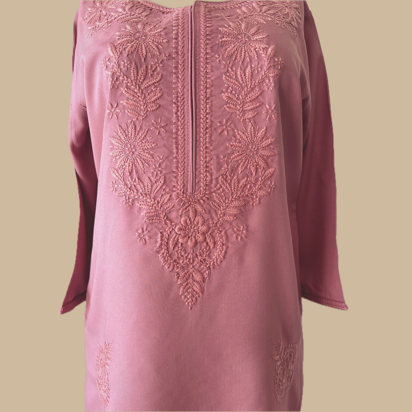 Pink Chikankari Rayon Tunic with Embroidered Neck Yoke and Lower Panel Motif