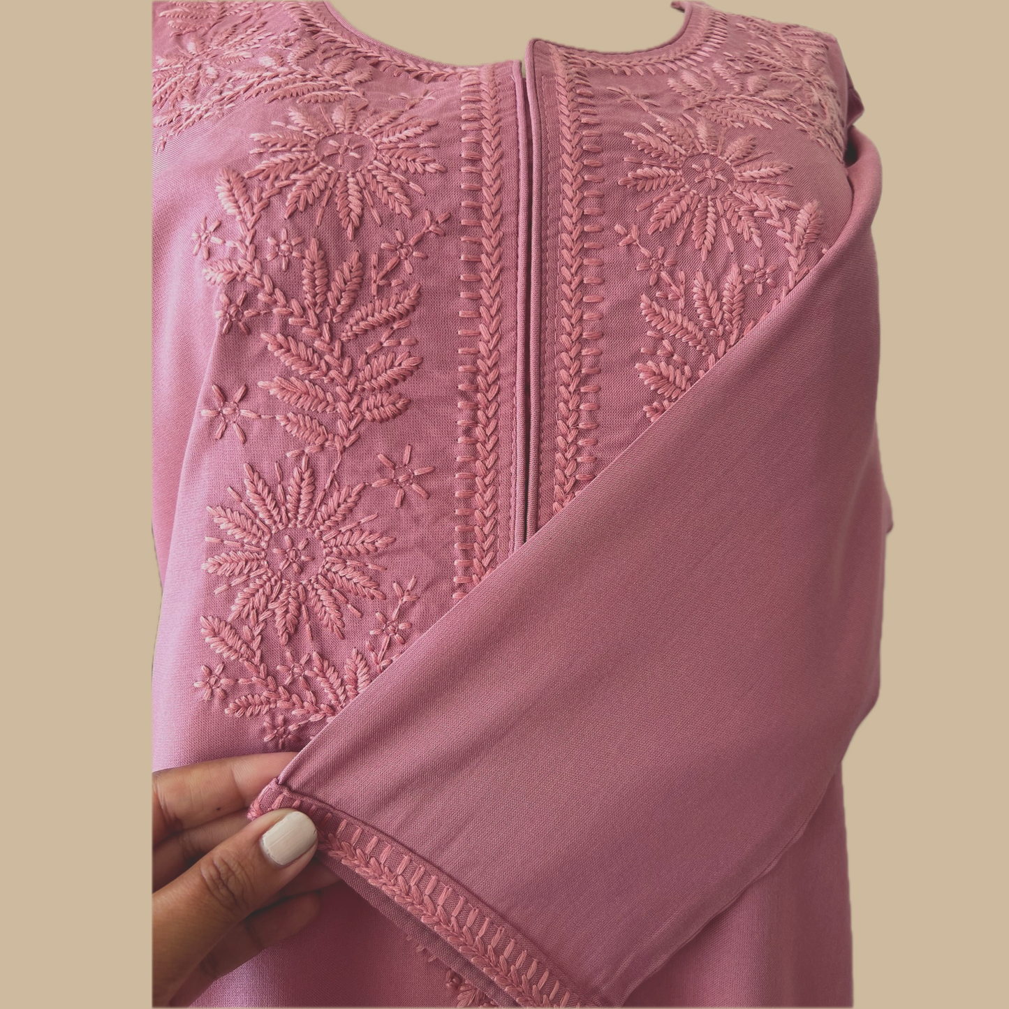 Pink Chikankari Rayon Tunic with Embroidered Neck Yoke and Lower Panel Motif