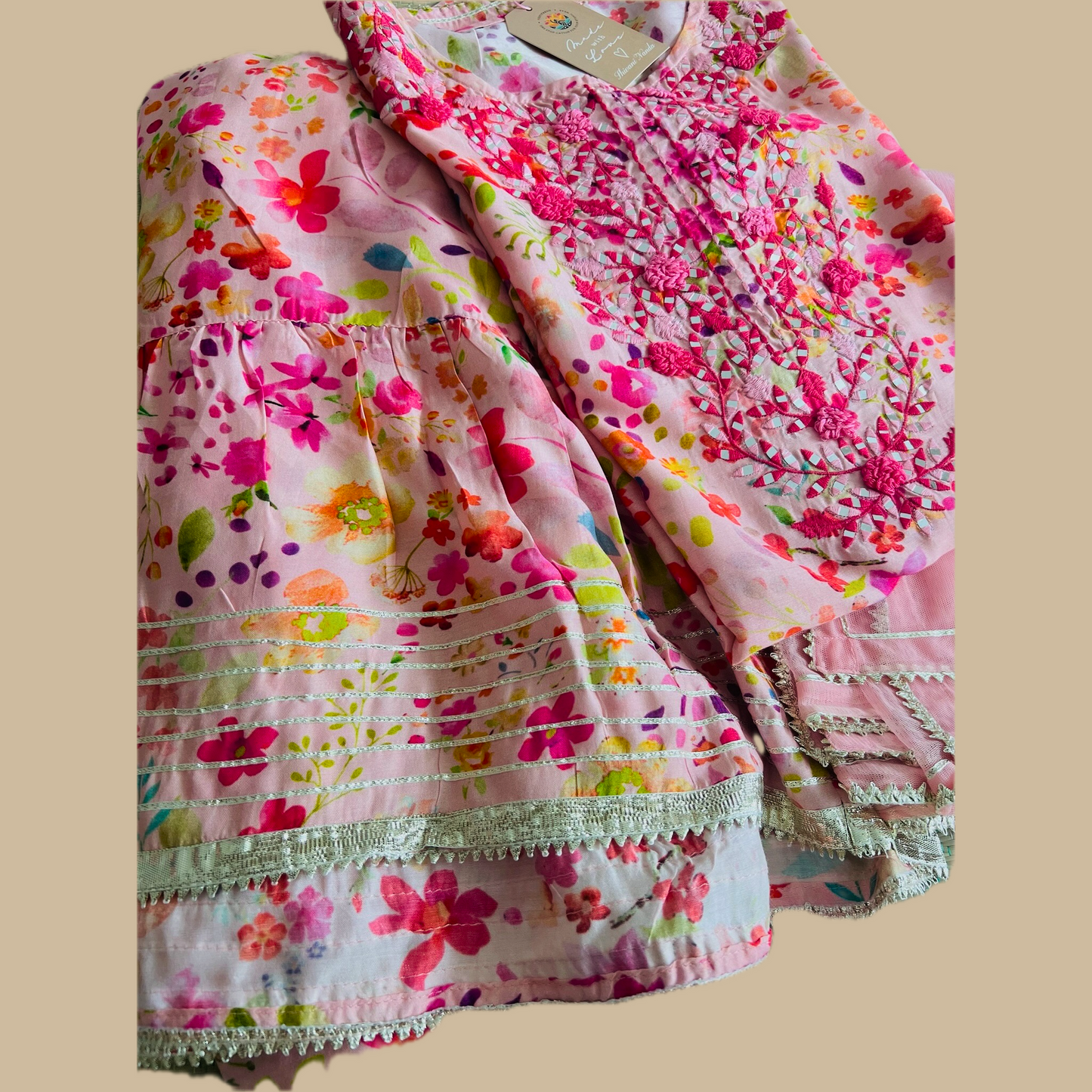 Floral Pink Sharara 3-Piece Set with Matching Net Dupatta