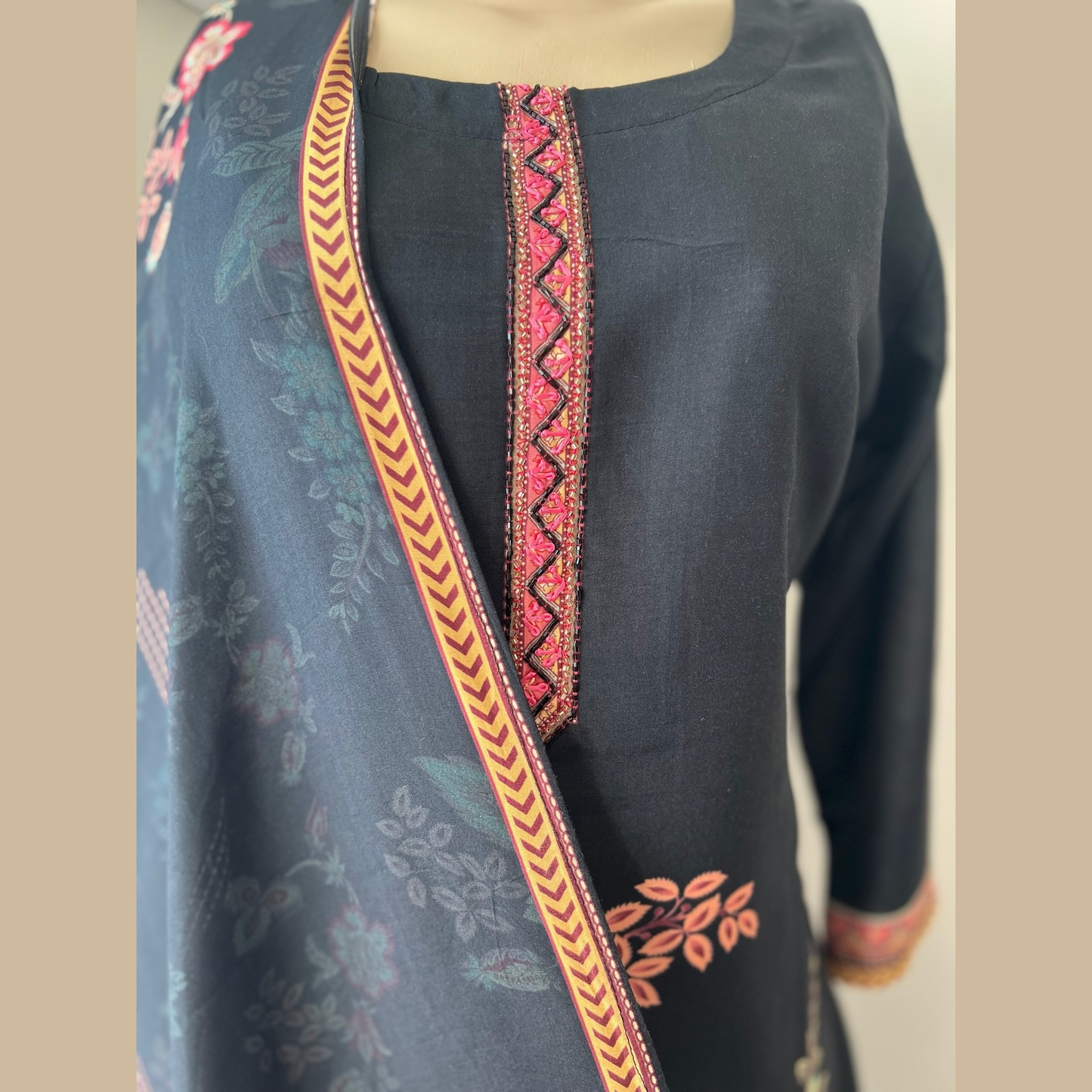 Elegant Cotton Silk Floral Print 3-Piece Suit in Black