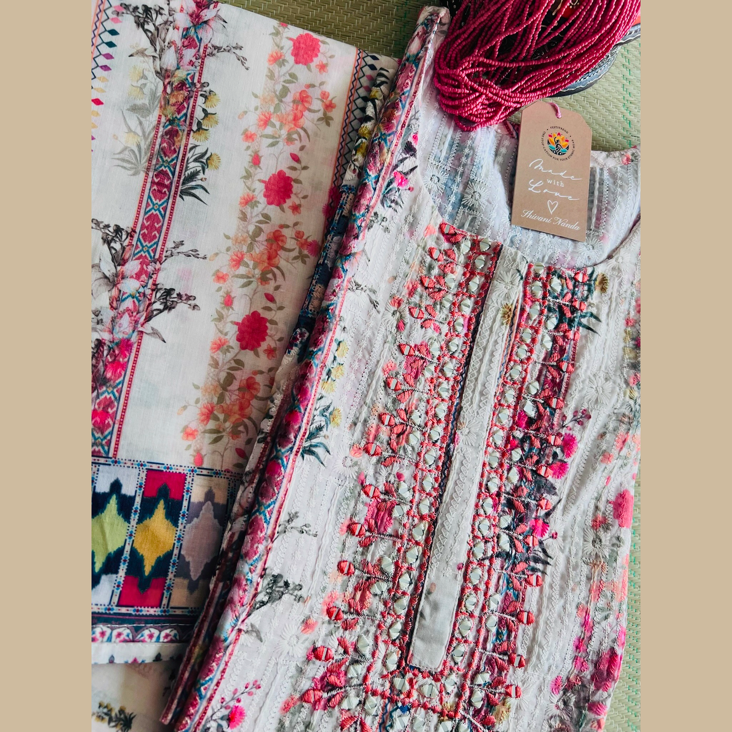 Off-White Cotton 3-Piece Kurta Set with Ikkat Style Dupatta