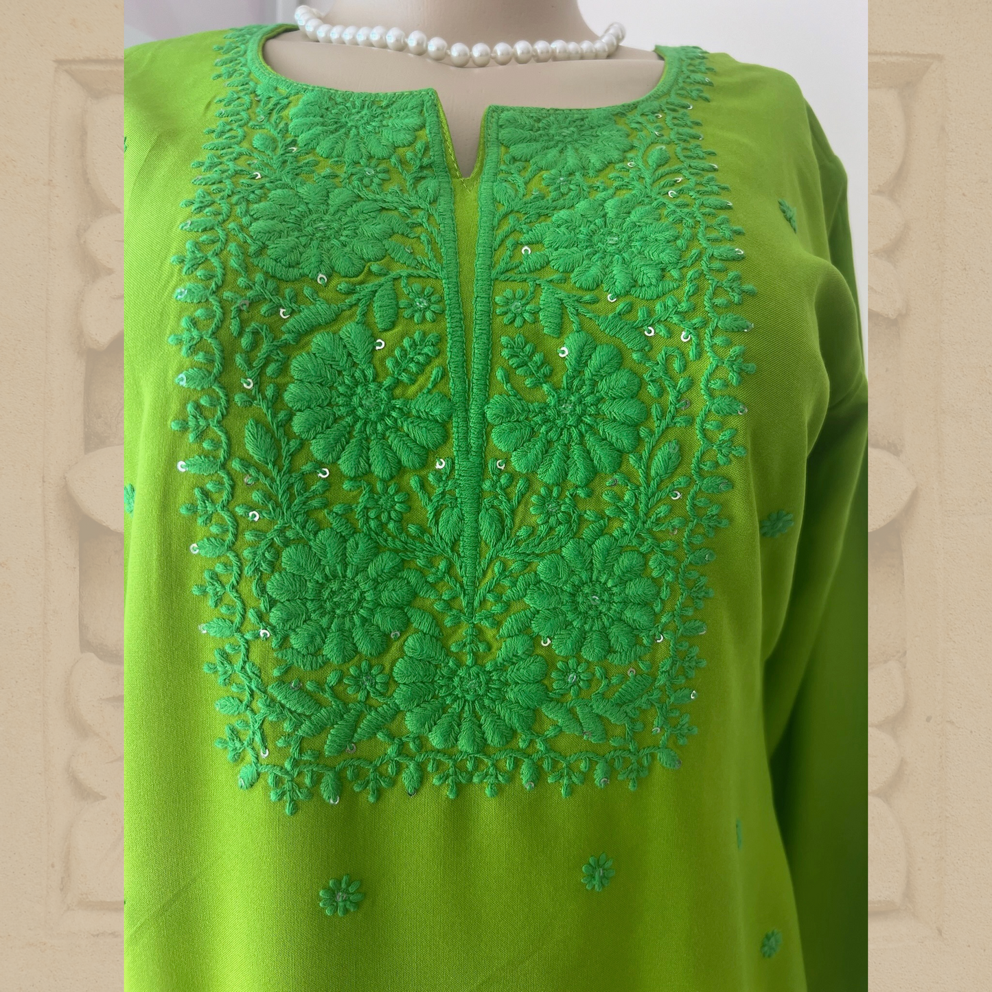 Premium Rayon Hand Embroidered Chikankari Tunic with Minimal Sequin Work in Green