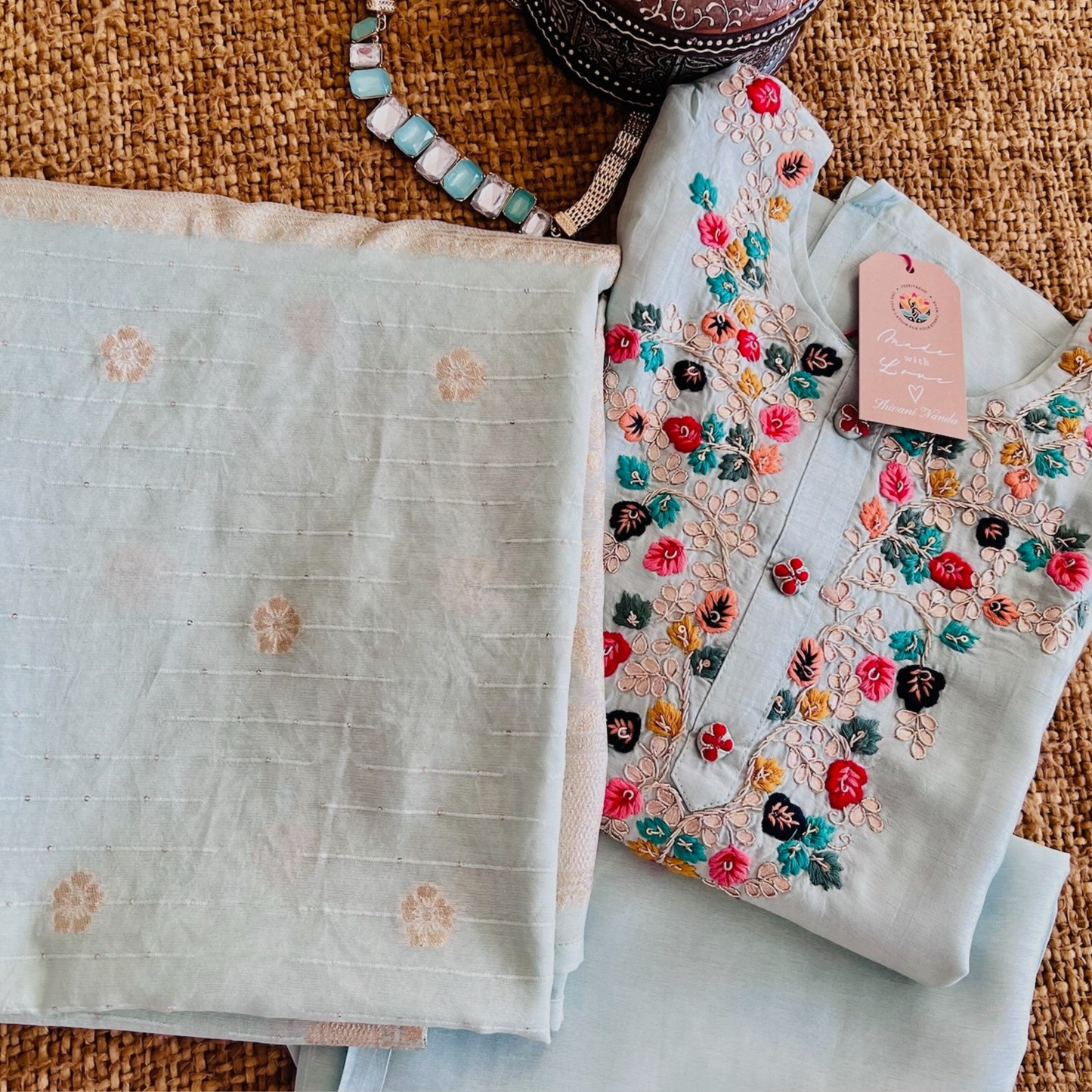 Elegant Silk Blend 3-Piece Suit in Ice Blue with Brocade Dupatta