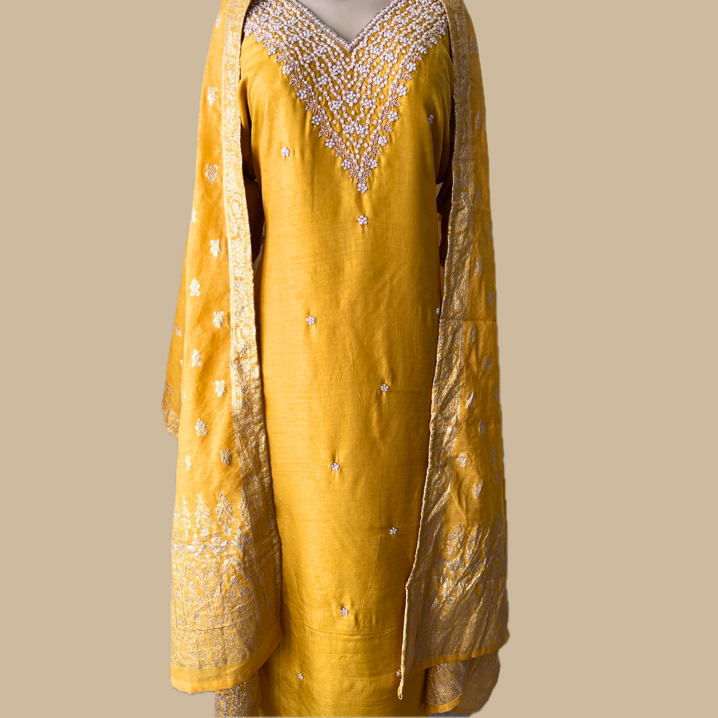Chinon Silk Dabka Work 3 Piece Suit in Yellow