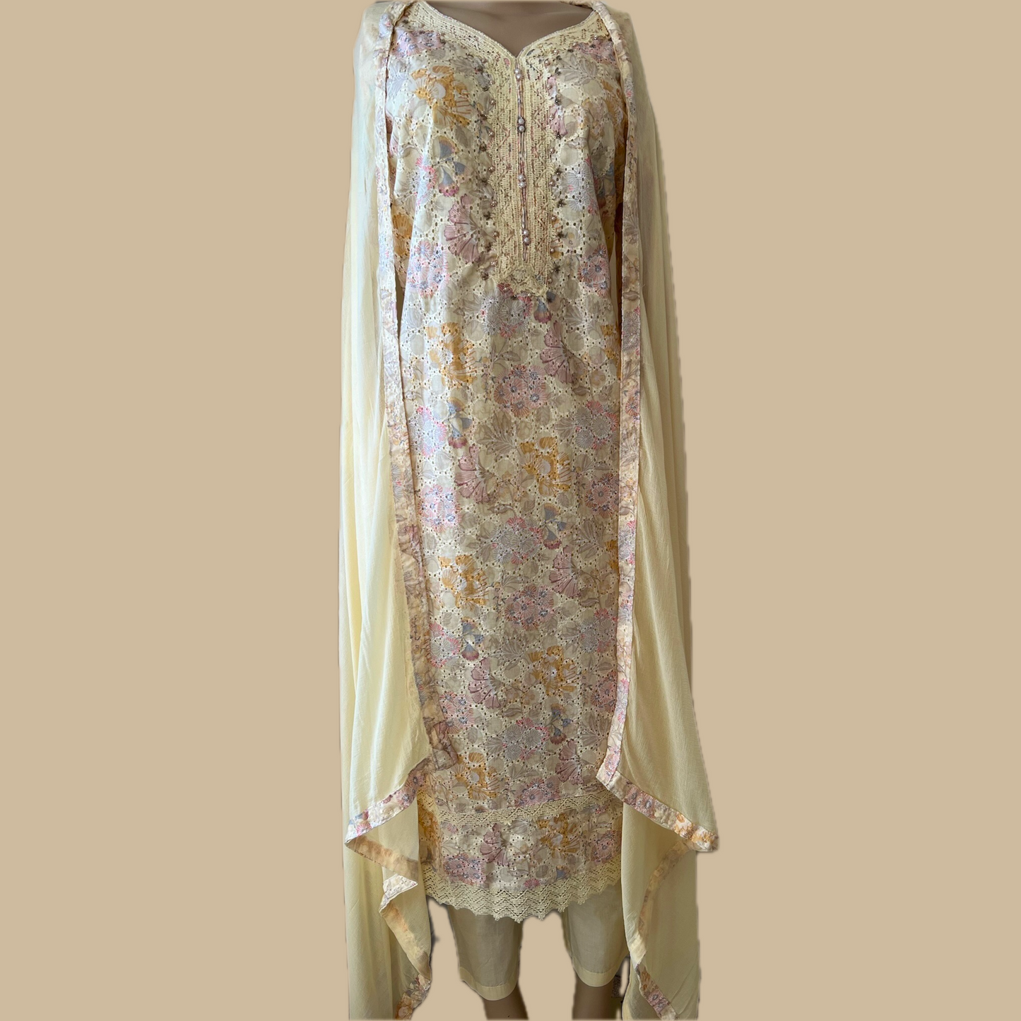 Cotton 3-Piece Suit in Lemon Yellow with Intricate Lace Work