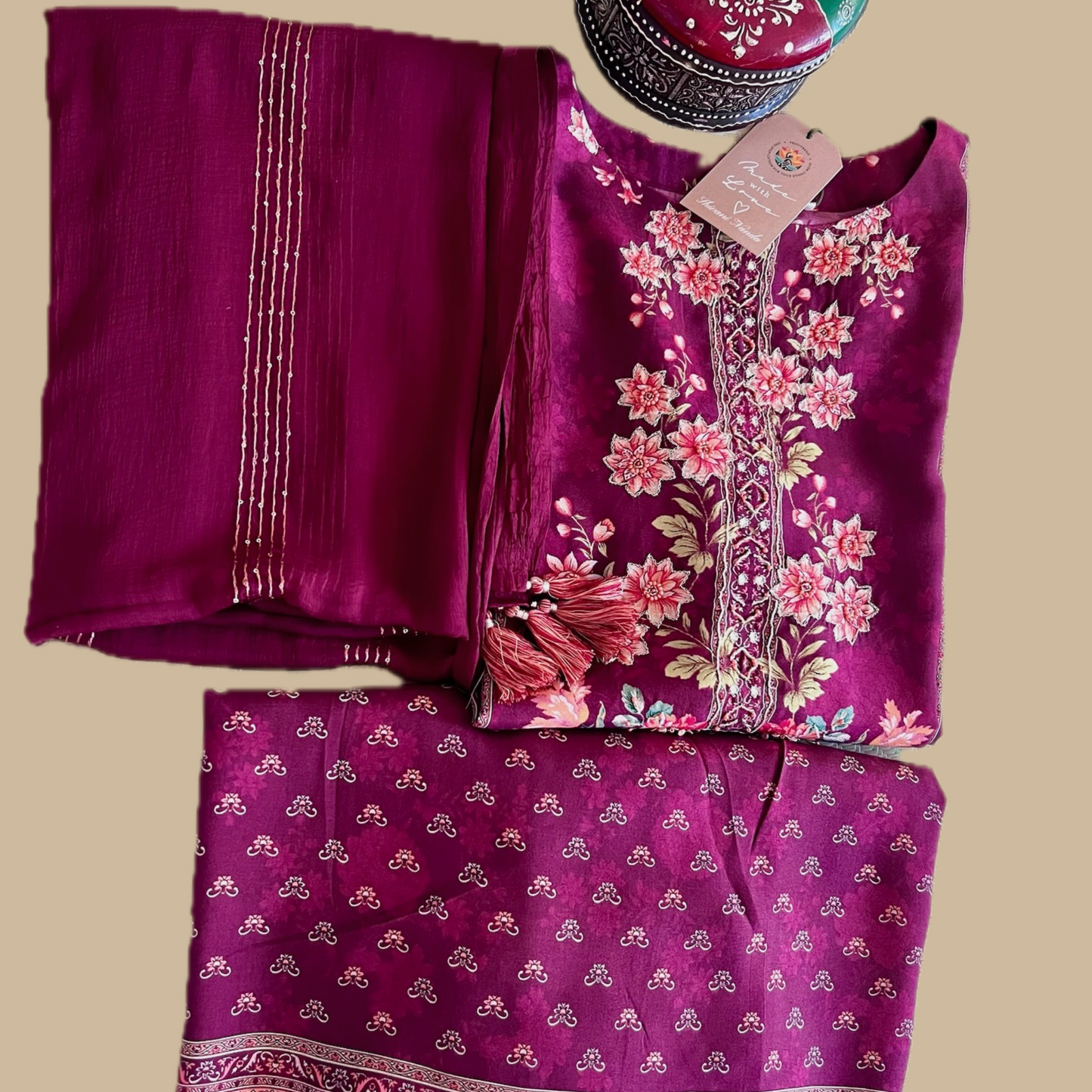 Silk Blend Digitally Printed Maroon 3-Piece Maroon Sharara Set with Crochet Lace on Shirt and Ethnic Printed Motifs on Sharara
