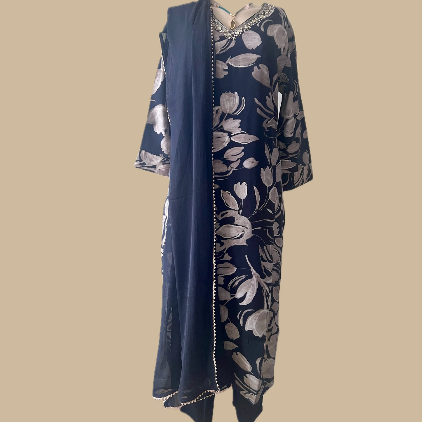 Elegant Cotton Crepe Blend 3-Piece Suit in Black with Gotta Kinnari Dupatta