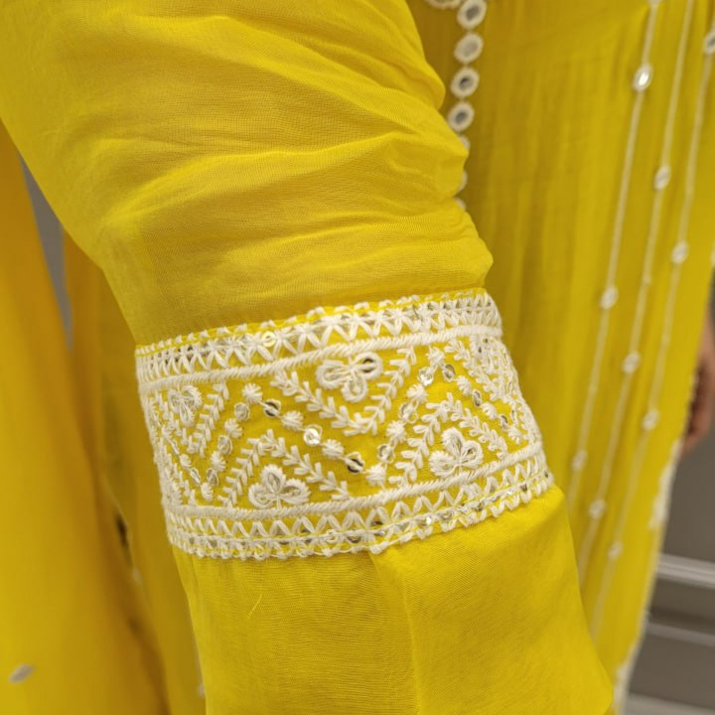 Pure Organza 3-Piece Suit in Yellow with Embroidery and Lace Detailing