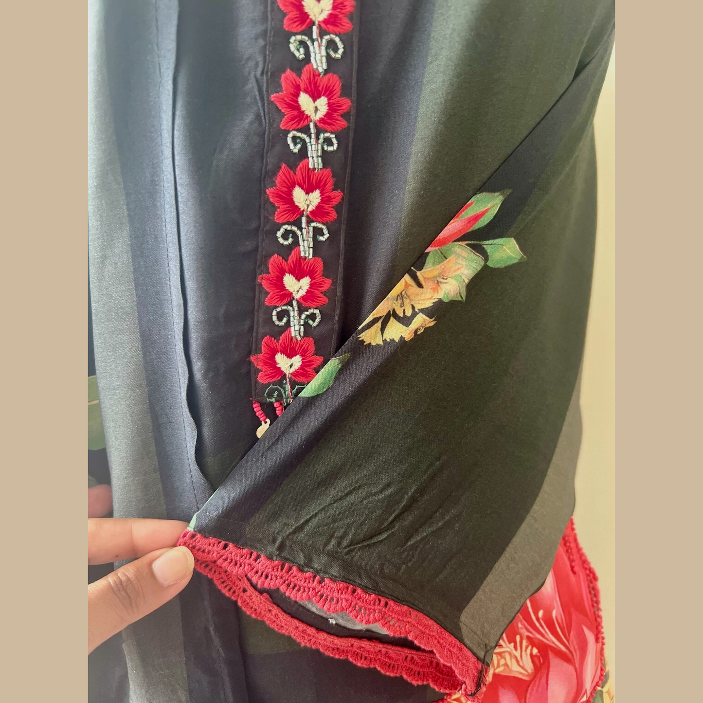 Rayon Silk Blend 3-Piece Suit in Black with Floral Motif and Bead Detailing