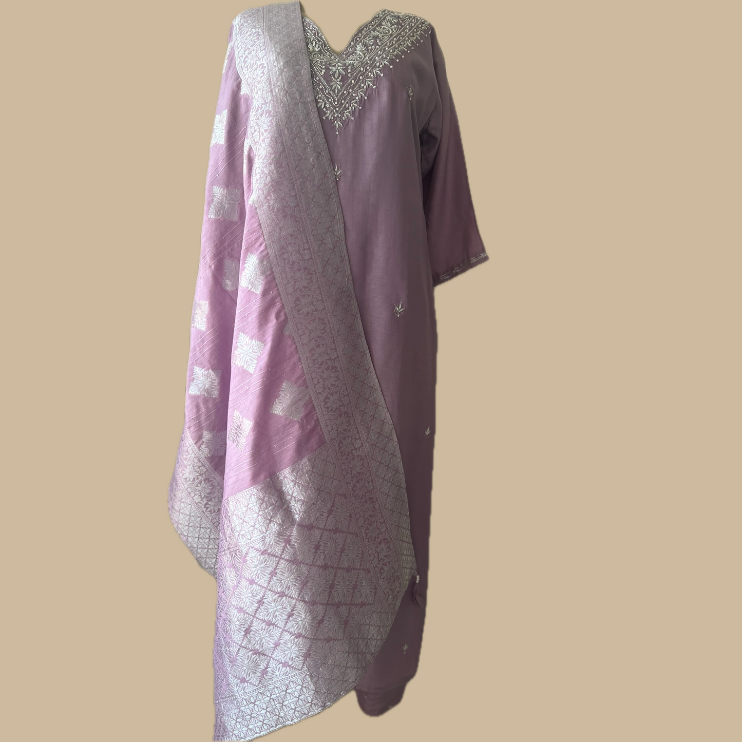 Chinon Silk 3-Piece Suit in Lilac with Silver Embellishments and Silver Weaved Dupatta - Festive Wear