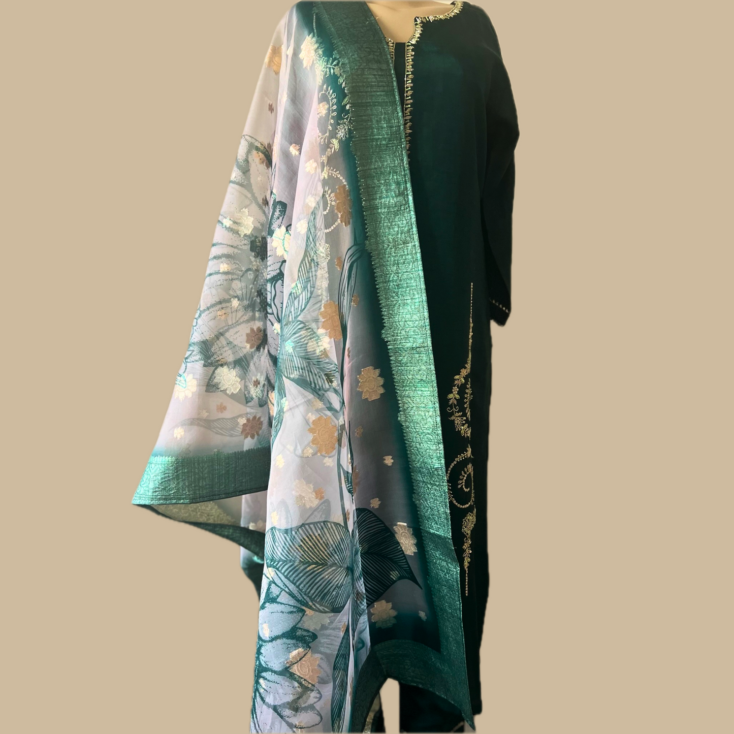 Silk Blend 3-Piece Suit in Green with Gold Tone Embroidery and Floral Tissue Dupatta