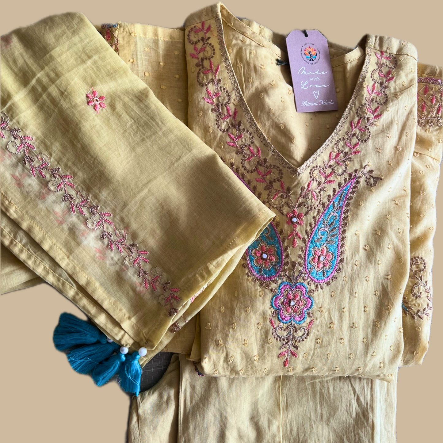 Yellow Anarkali 3-Piece Suit with Ethnic Thread Embroidery and Mul Dupatta