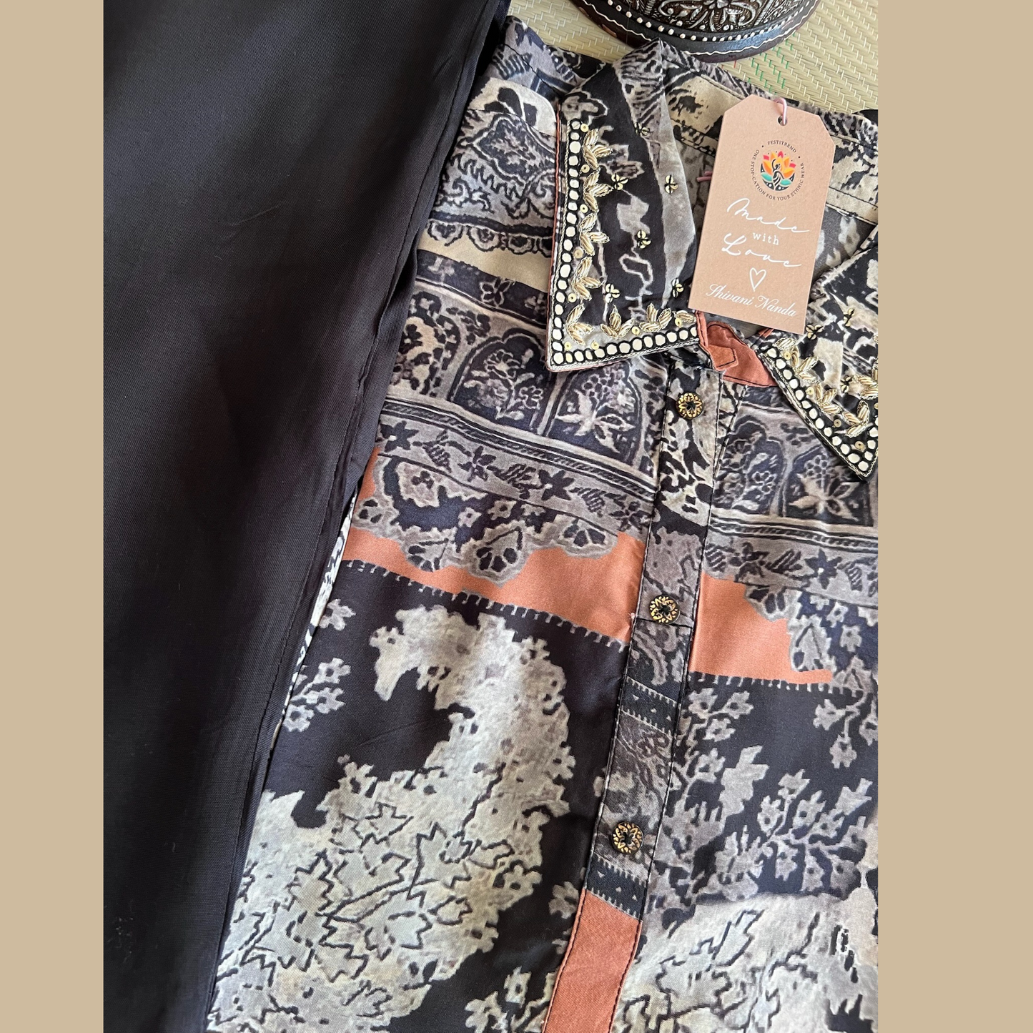 Digital Printed Black Collared Coord Set in Rayon Maslin