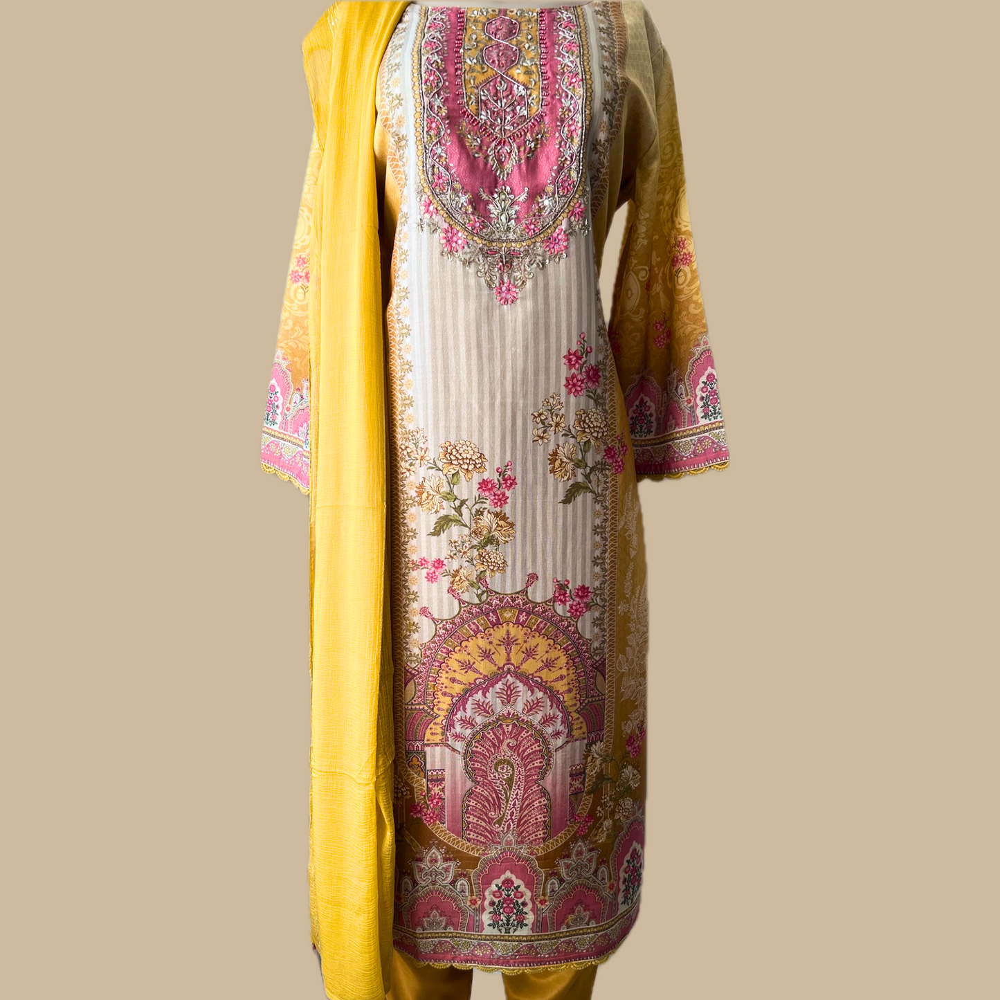 Yellow Chinon Silk 3-Piece Indian Suit with Sequins Dupatta