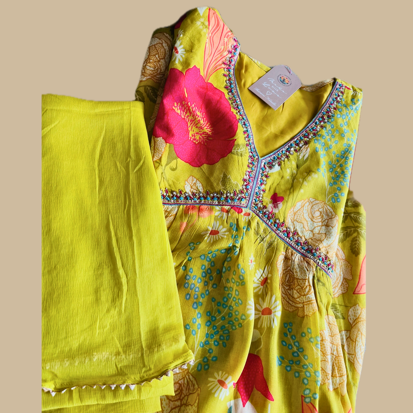 Fluorescent Green Georgette 3-Piece Nyra Cut Set with High Slit