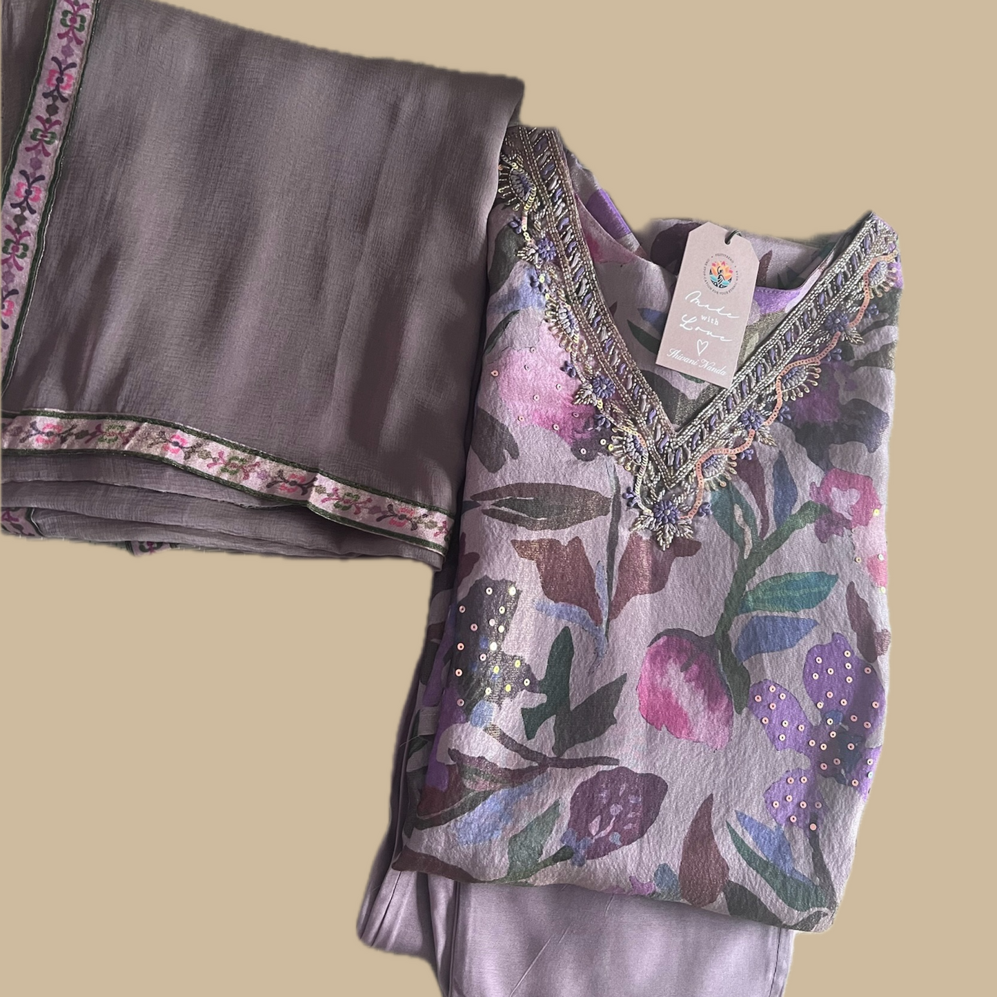 Crepe with Embroidery 3 Piece in Subtle Golden