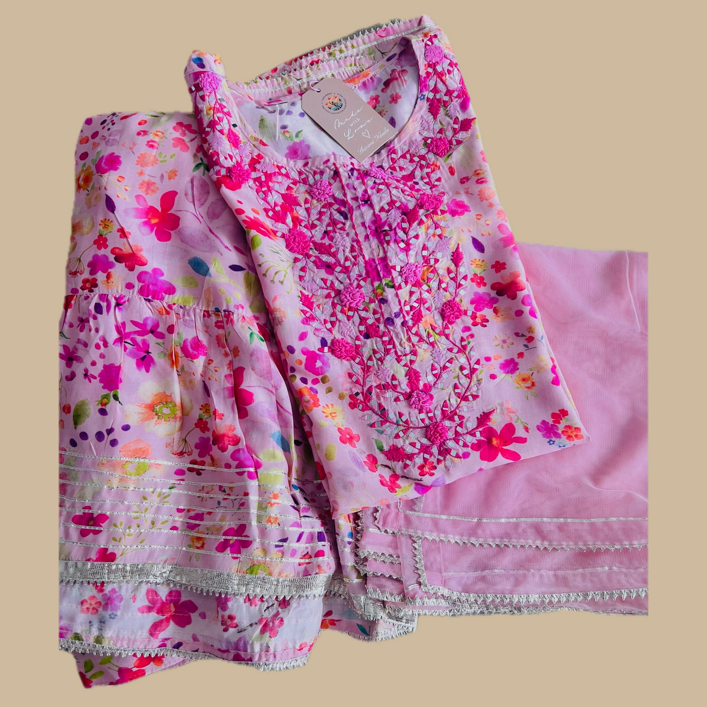Floral Pink Sharara 3-Piece Set with Matching Net Dupatta
