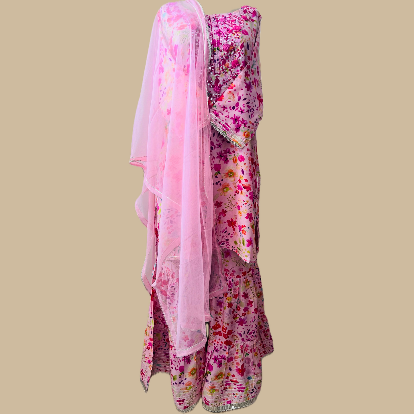 Floral Pink Sharara 3-Piece Set with Matching Net Dupatta
