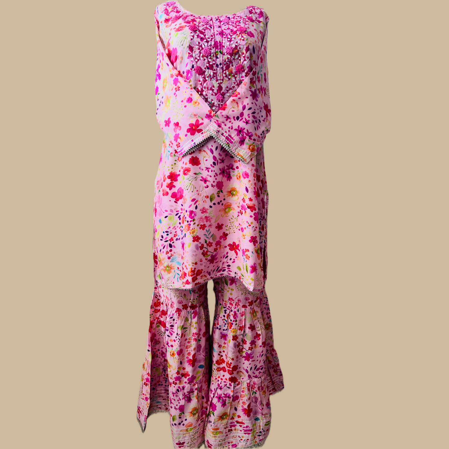 Floral Pink Sharara 3-Piece Set with Matching Net Dupatta