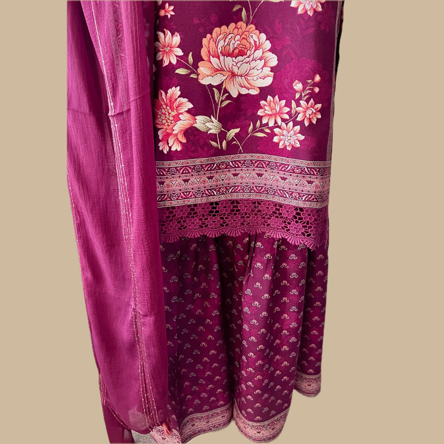 Silk Blend Digitally Printed Maroon 3-Piece Maroon Sharara Set with Crochet Lace on Shirt and Ethnic Printed Motifs on Sharara