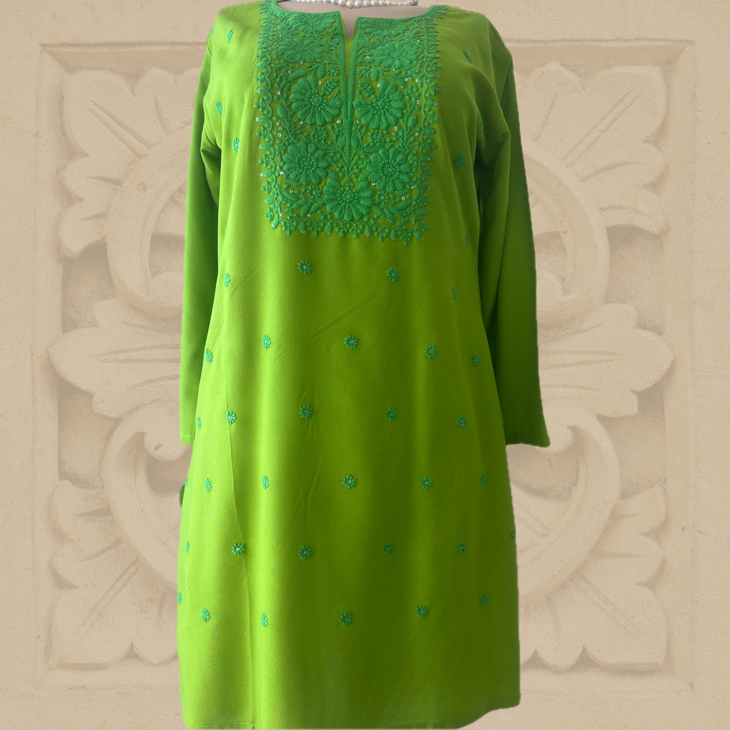 Premium Rayon Hand Embroidered Chikankari Tunic with Minimal Sequin Work in Green