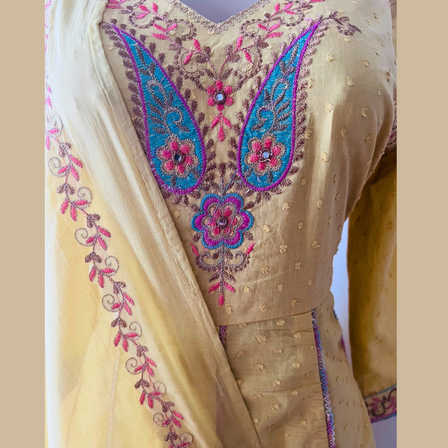 Yellow Anarkali 3-Piece Suit with Ethnic Thread Embroidery and Mul Dupatta