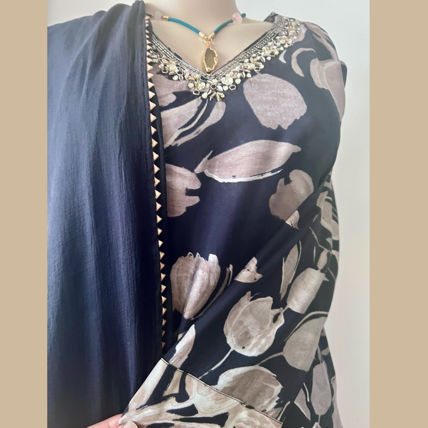 Elegant Cotton Crepe Blend 3-Piece Suit in Black with Gotta Kinnari Dupatta