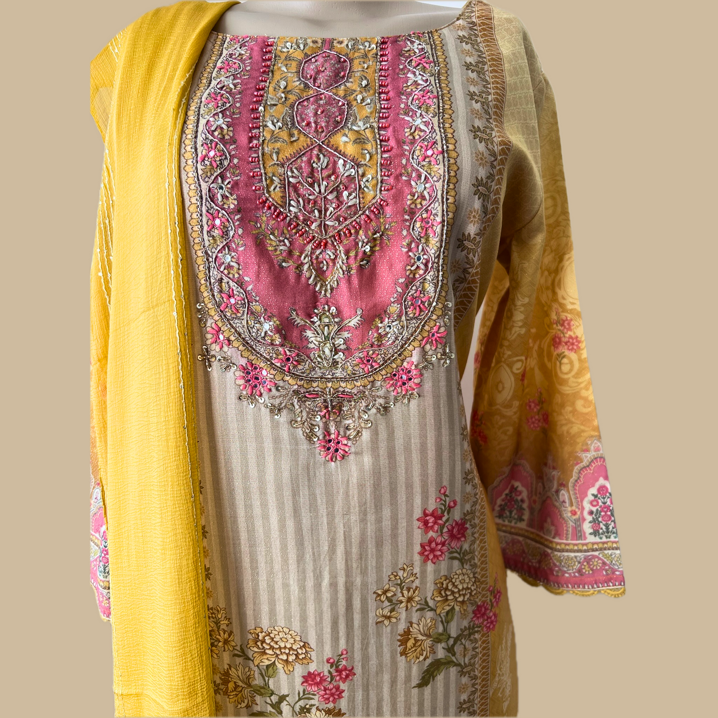 Yellow Chinon Silk 3-Piece Indian Suit with Sequins Dupatta