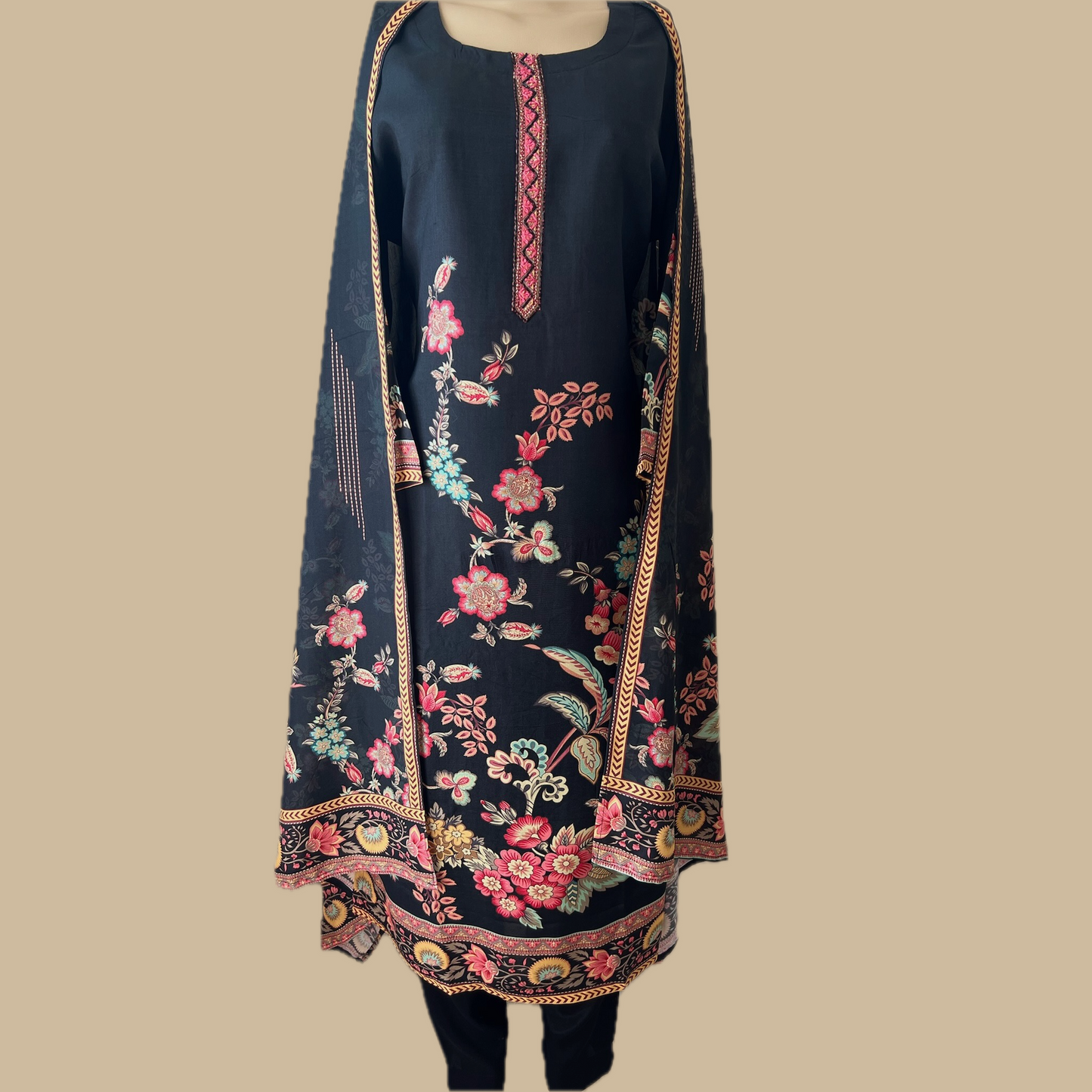 Elegant Cotton Silk Floral Print 3-Piece Suit in Black