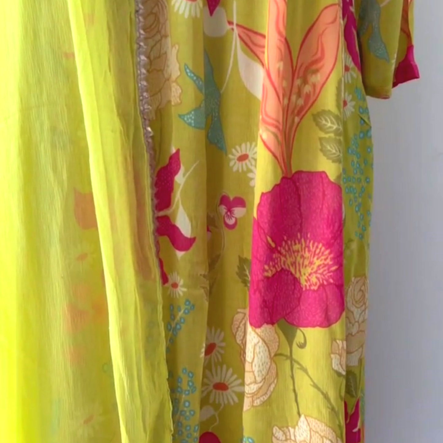 Fluorescent Green Georgette 3-Piece Nyra Cut Set with High Slit
