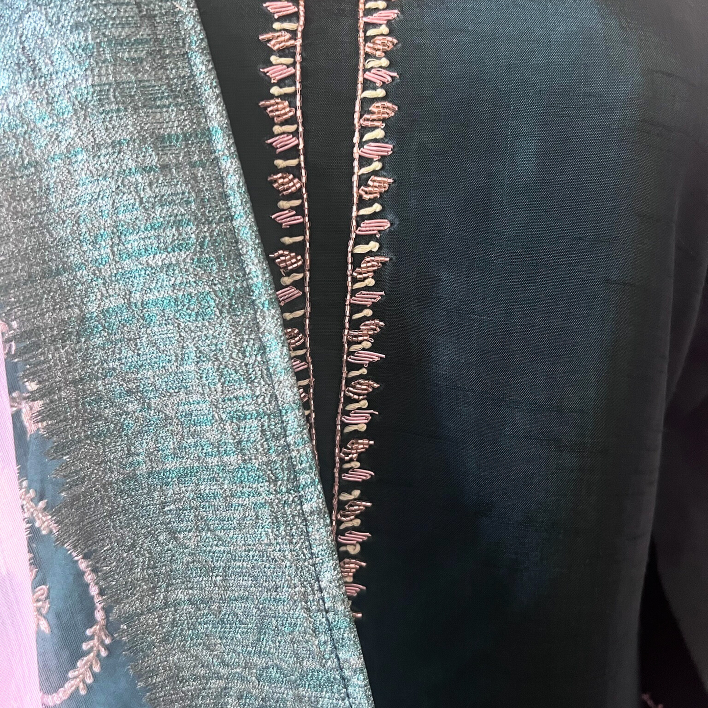 Silk Blend 3-Piece Suit in Green with Gold Tone Embroidery and Floral Tissue Dupatta