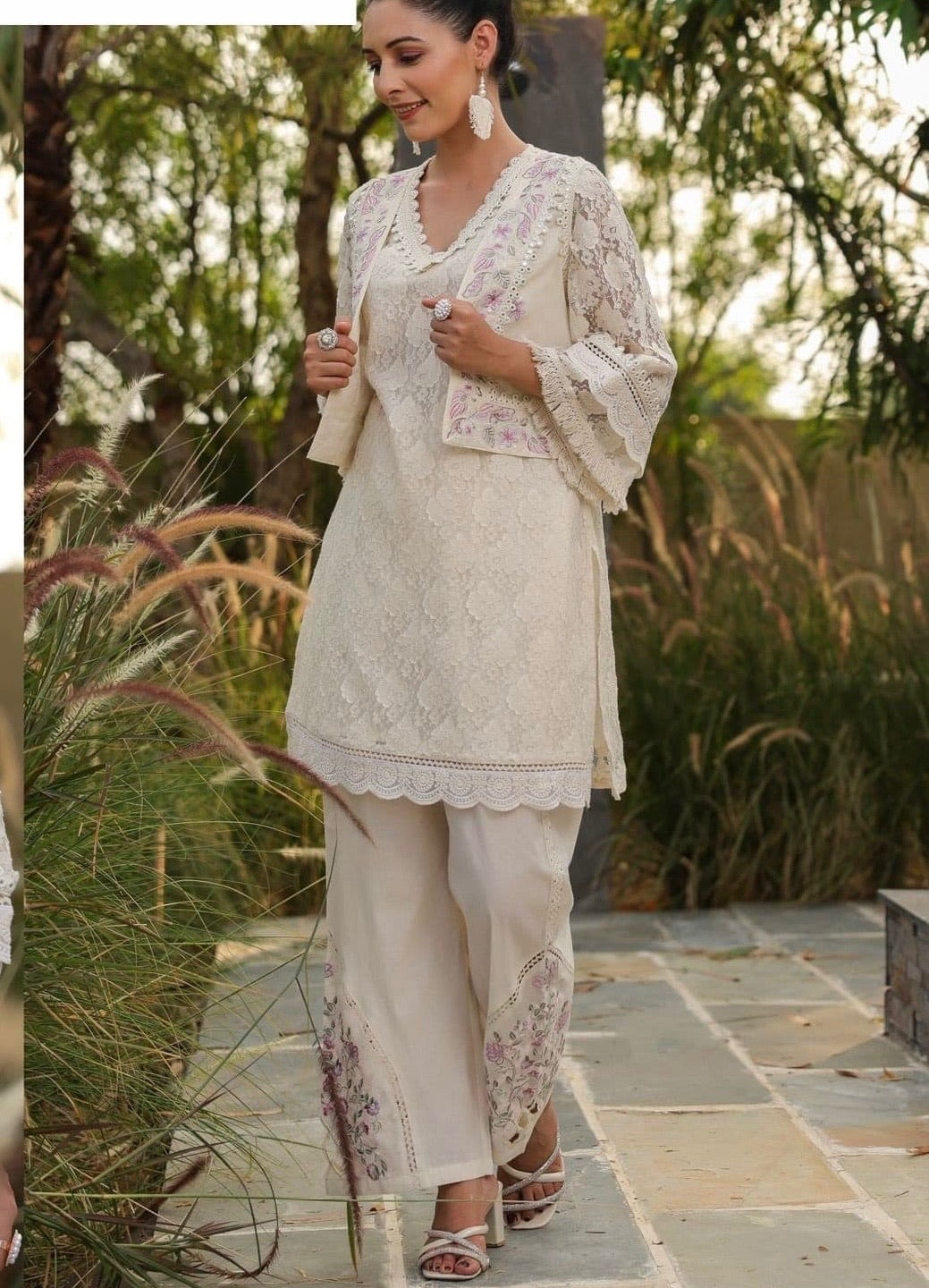 Off-White 3-Piece Indian Fusion Wear with Net & Lace Kurta, Embroidered Pants, and Hand-Worked Jacket
