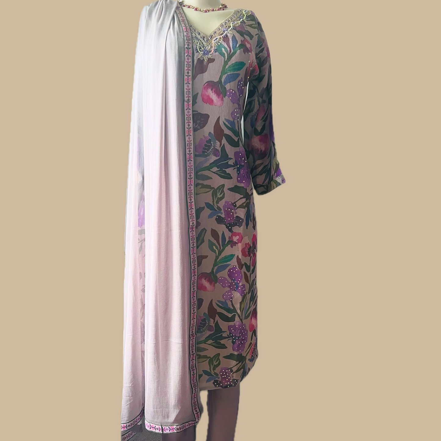 Crepe with Embroidery 3 Piece in Subtle Golden
